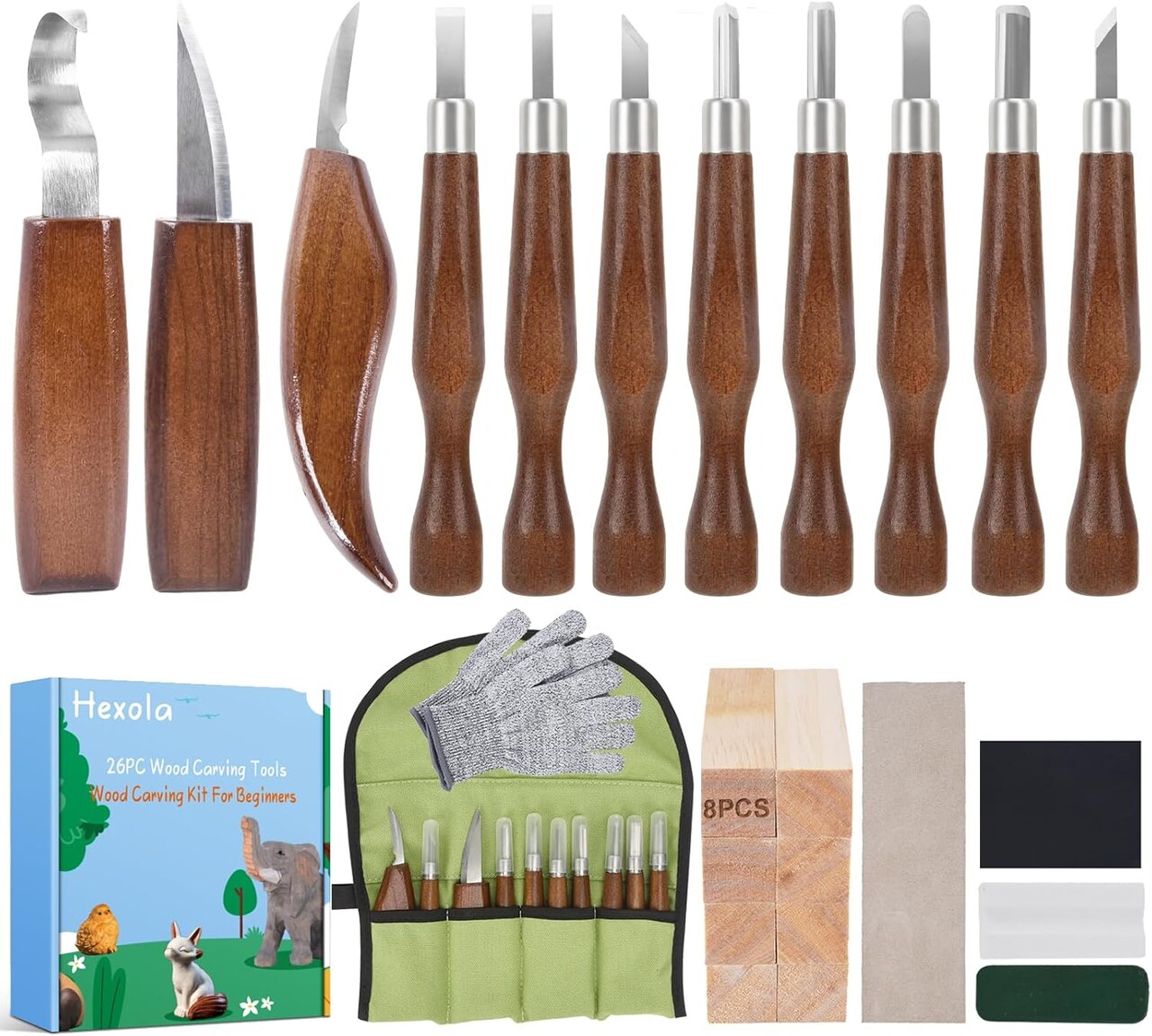 26-Piece Wood Carving Kit – 3 Carving Knives, 8 Detail Knives, 8 Wood Blocks, DIY Hobby Set for Beginners & Kids.